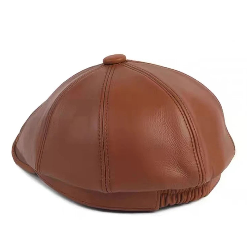 Leather Beret Caps Men Peaky Blinders Genuine Leather Letters Octagonal Hats Male Retro