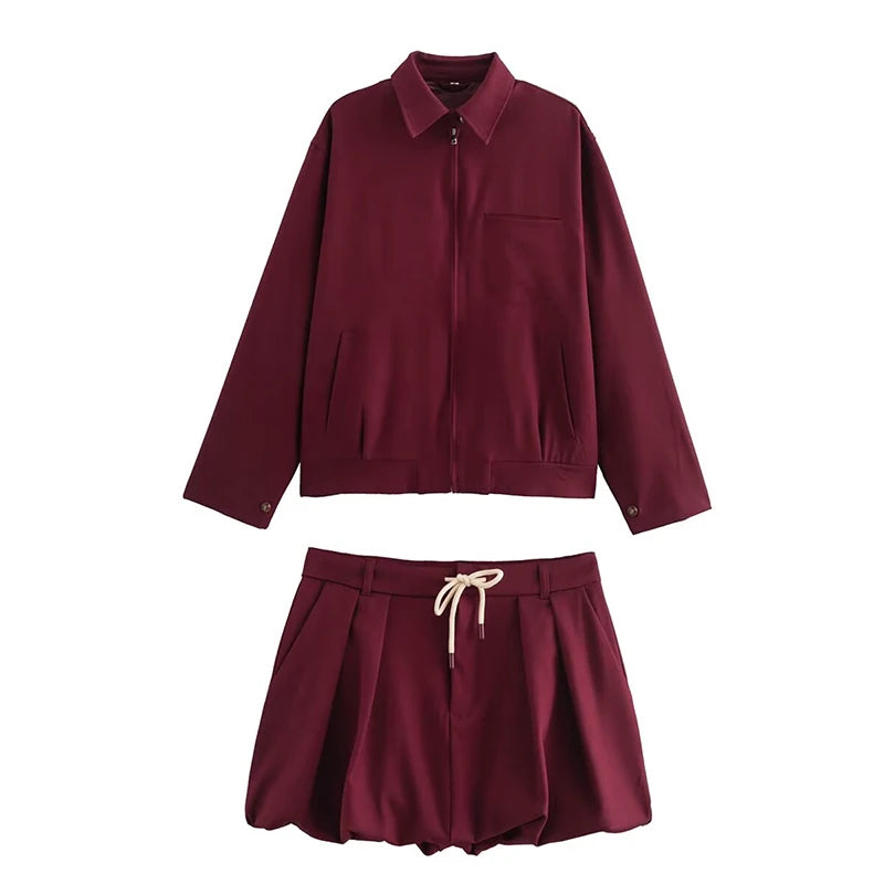 Women Maroon Balloon Mini Skirt Adjustable Drawstring Mid Waist Female Skirts