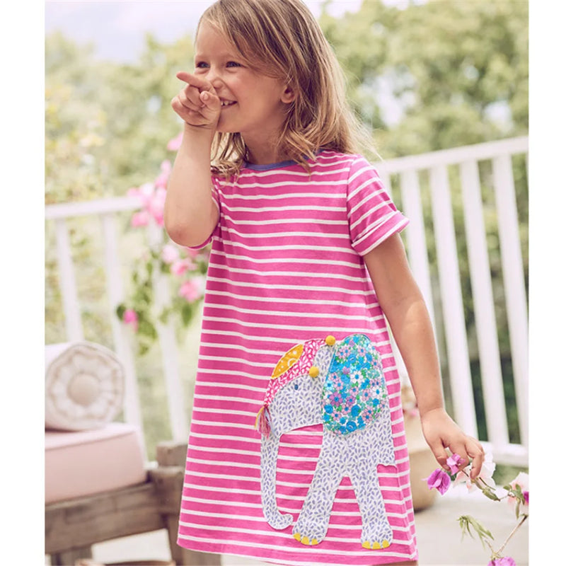 Summer Short Sleeve Elephant Embroidery Cotton Princess Girls Dresses Baby Birthday Frocks