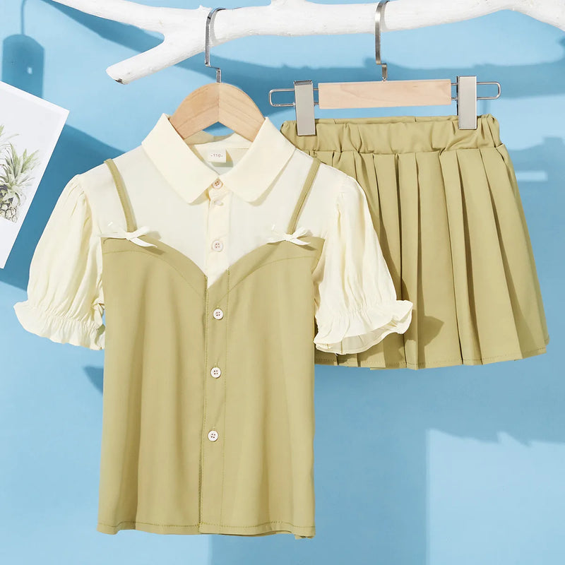 Pleated Skirt and Short-Sleeve Blouse with Vest for Girls