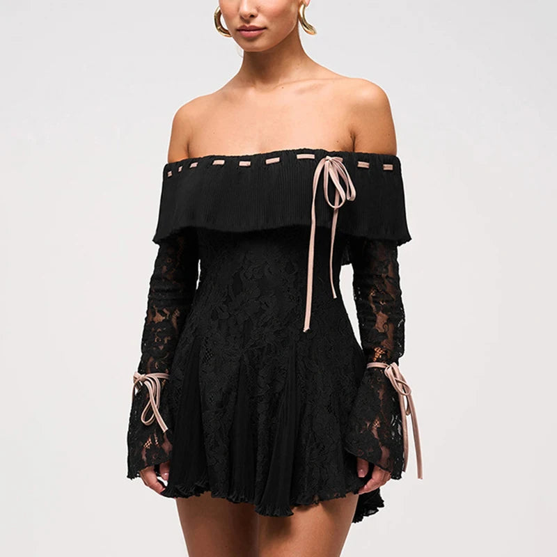 One Shoulder Lace Dress For Women Bandage Folds Mini Dress