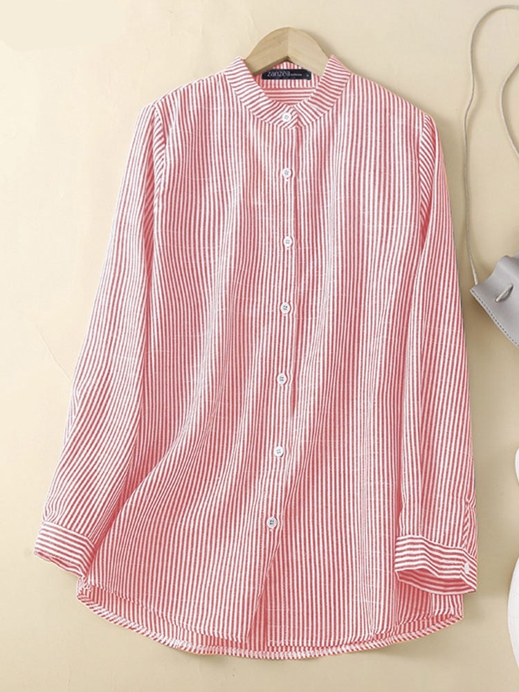 Women Spring Stripe Shirt Long Sleeve Stand Collar Blouse Femme Casual Elegant Chemise Work OL Tops