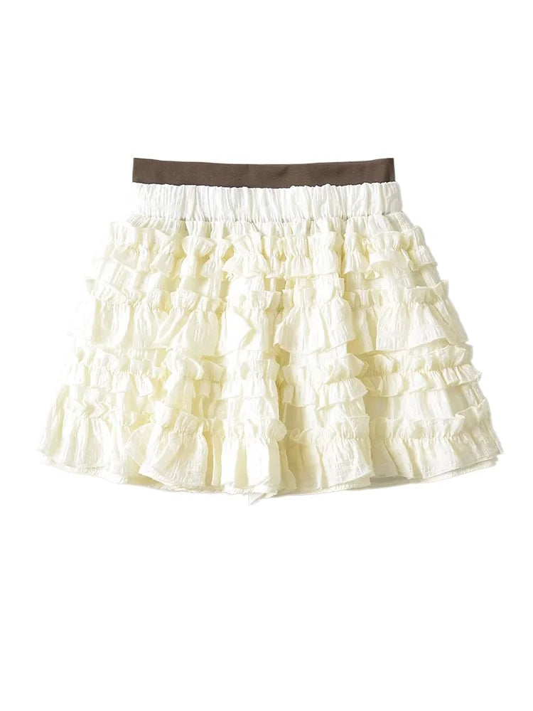 Women Sweet Laminated Fungus Mini Skirt Cute Elastic High Waist Puffy Skirt Chic Short Cake Skorts