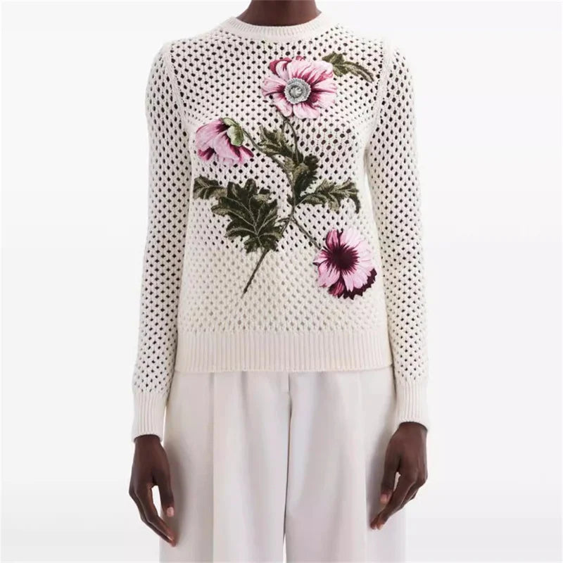 Women's sweater autumn knitted hollow out top Flower embroidered pullover Cashmere blend knitwear