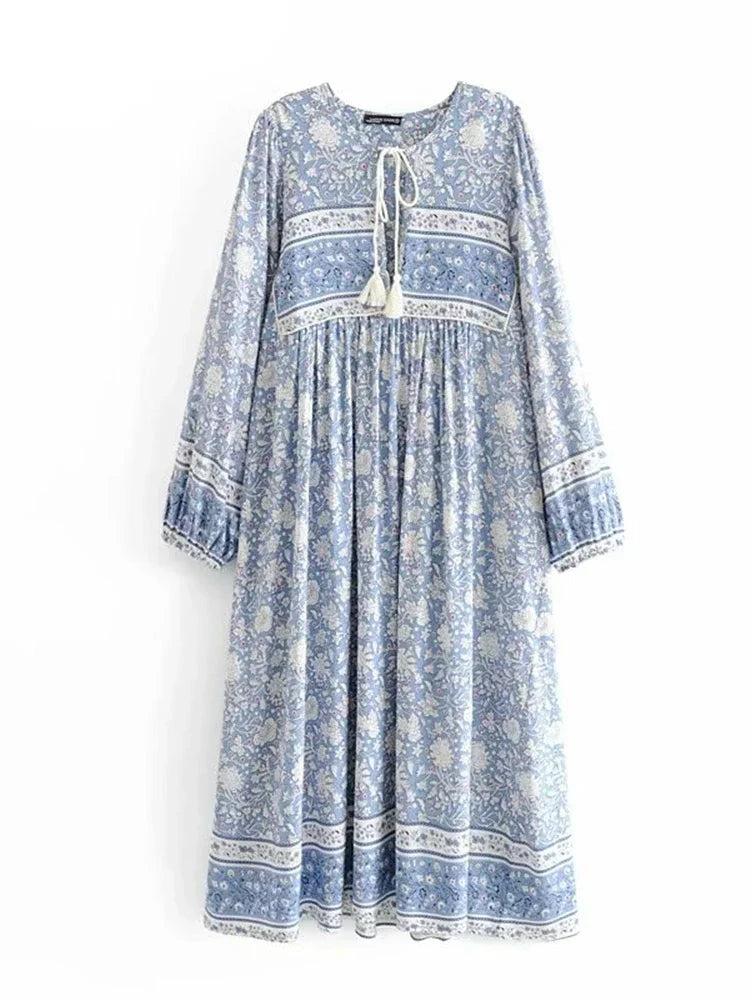 Chic Women Tie Neck Long Sleeve Floral Porcelain Beach Bohemian Maxi Dresses Ladies