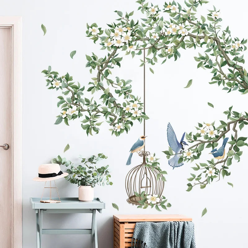 Flower Birdcage Flying Birds Wall Sticker Creative Home Decor Living Room Decals Wallpaper