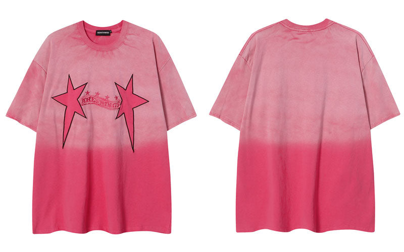 Hip Hop Tie Dye T-Shirt Vintage Retro Embroidery Star Letter Washed Tshirt Streetwear Punk Gothic Loose Tops Pink