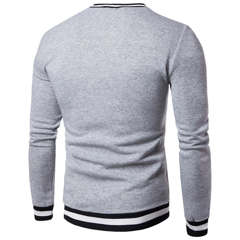 Mens Warm Clothing Contrast Color Striped Hem V Neck Pullover Casual Winter Autumn Sweatshirt Long Sleeve Slim Fit T-shirt