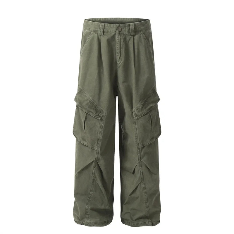 Spliced Pocket Cargo Pants Men Safari Loose Pleated Straight Wide Leg Trousers Men