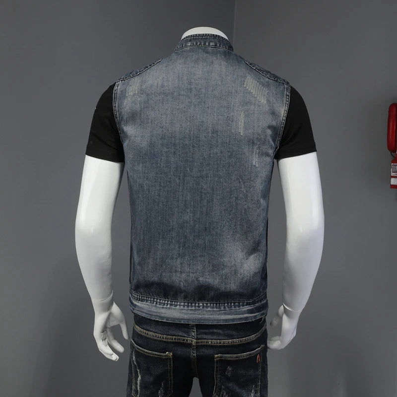 Mens Denim Design Retor Jackets Men Streetwear Ripped Hole Punk Jean Waistcoats Clothing