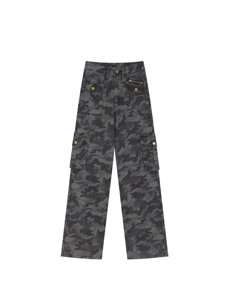 Women Camouflage Cargo Jeans Streetwear Baggy Vintage Casual Punk Straight Denim Wide Leg Pants Trouser Summer