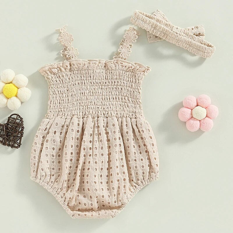 Lovely Princess Newborn Baby Girls Summer Rompers Clothes Lace Flower Strap Sleeveless Ruffles Hollow Rompers Jumpsuits Headband
