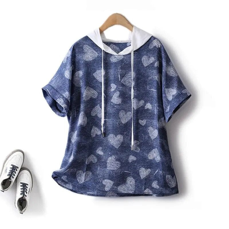 Summer Chiffon Top Women Hooded Matching  Peach Heart Thin Casual T-shirts Female Clothing