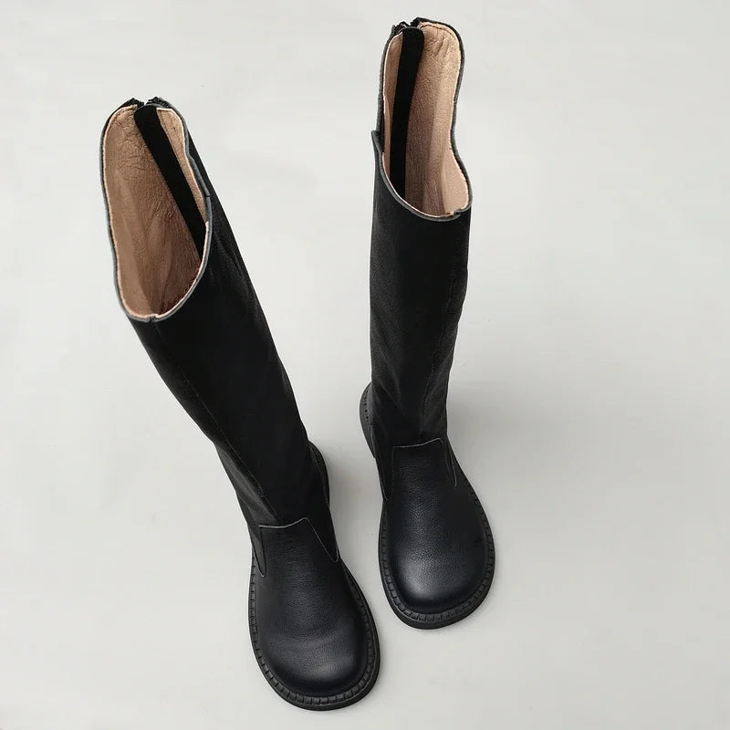 Genuine leather large head wide edition women winter wool handmade boots