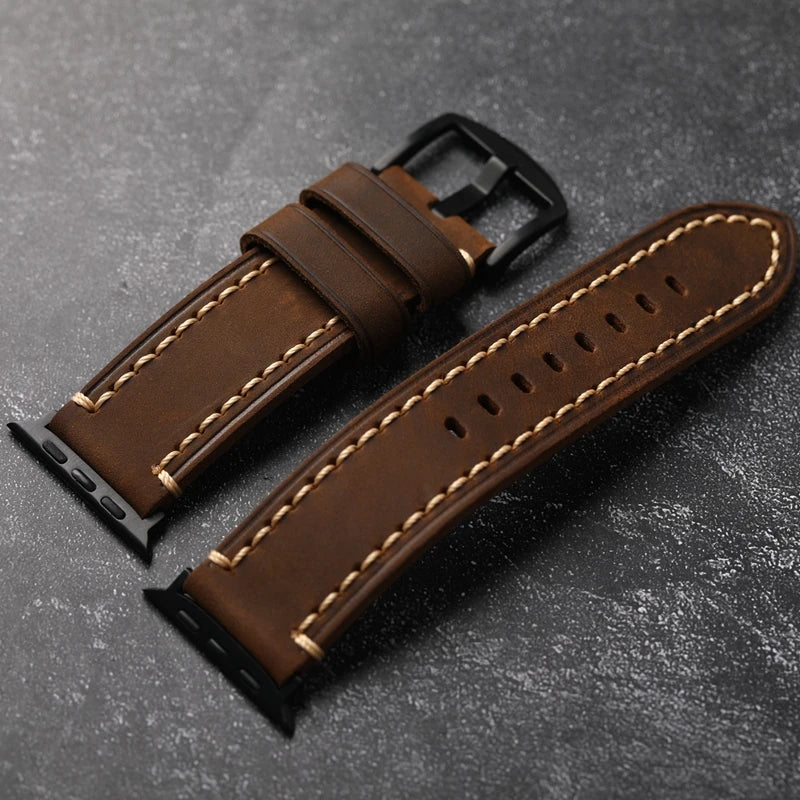 Handmade Leather Watchband Fits Apple Watch Thickened Brushed Leather Vintage Style