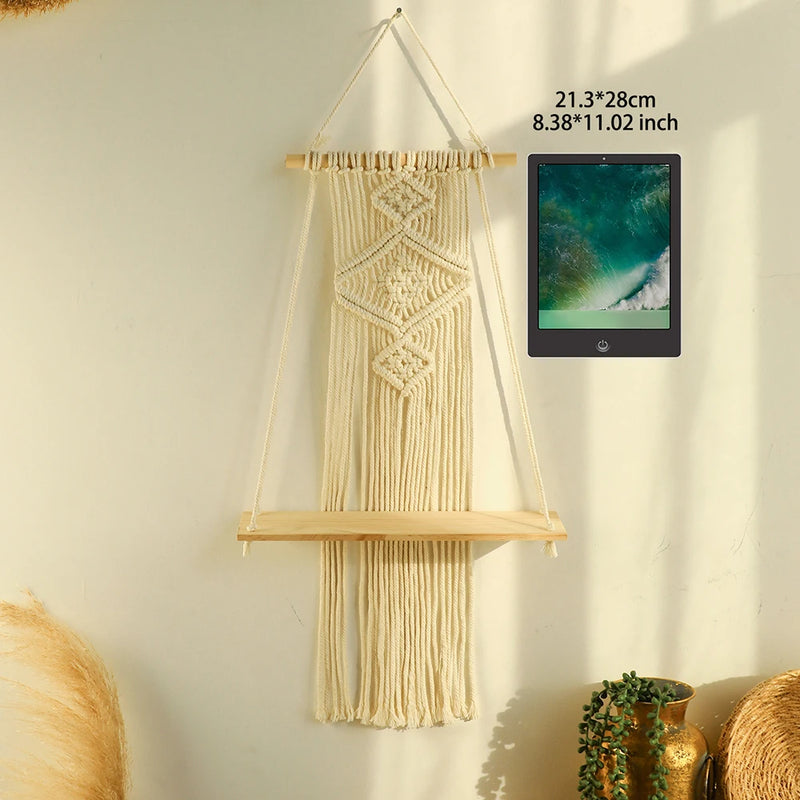 Macrame Wall Shelf Wood Floating Shelves Flower Pot Display Stand Hanging Wall Boho Home Decoration