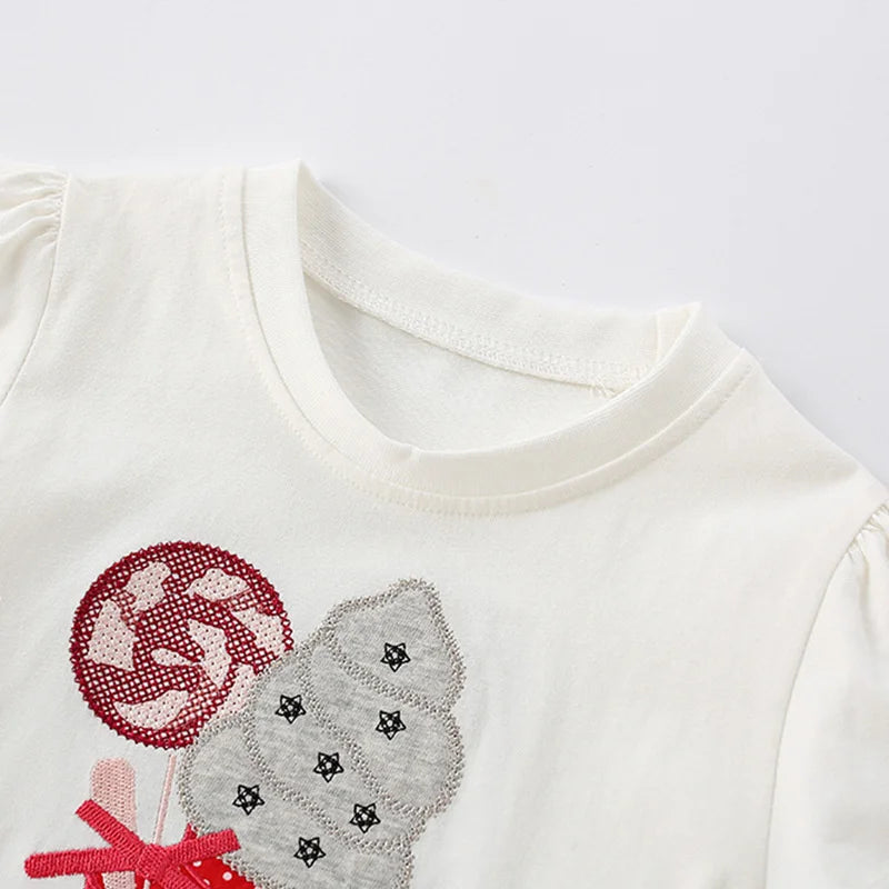 Ice Cream Embroidery Cotton Summer Girls Tshirts Baby Clothes Children's Tees Tops