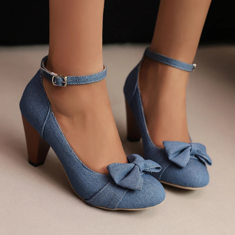 Grain Tapered Thick Heel Bow Decal Shoes Denim Fabric Upper Ankle Buckle Shallow Pumps