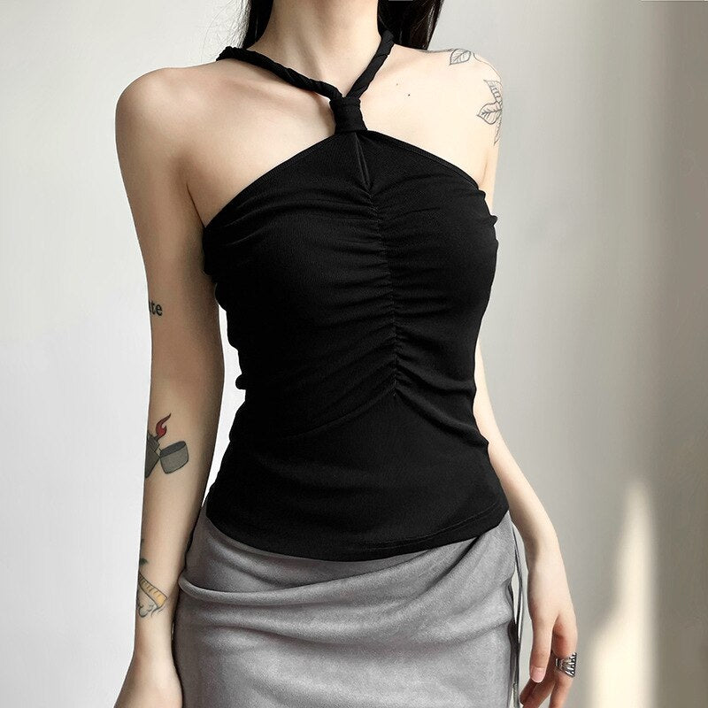 Goth Dark Tie Ruched Mall Gothic Casual Camisoles Grunge Style Bodycon Ribbed Basic Crop Tops Women Sexy Backless Summer Clothes