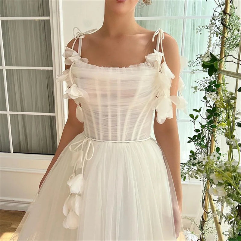 Princess White Tulle Wedding Dresses  with Flowers Elegant Ankle-length