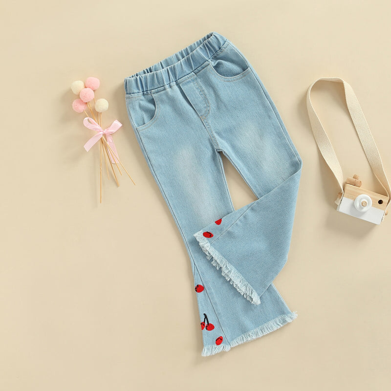 Girls Kids Denim Pants Cherry Embroidered Elastic Waistband Flare Jeans with Pockets