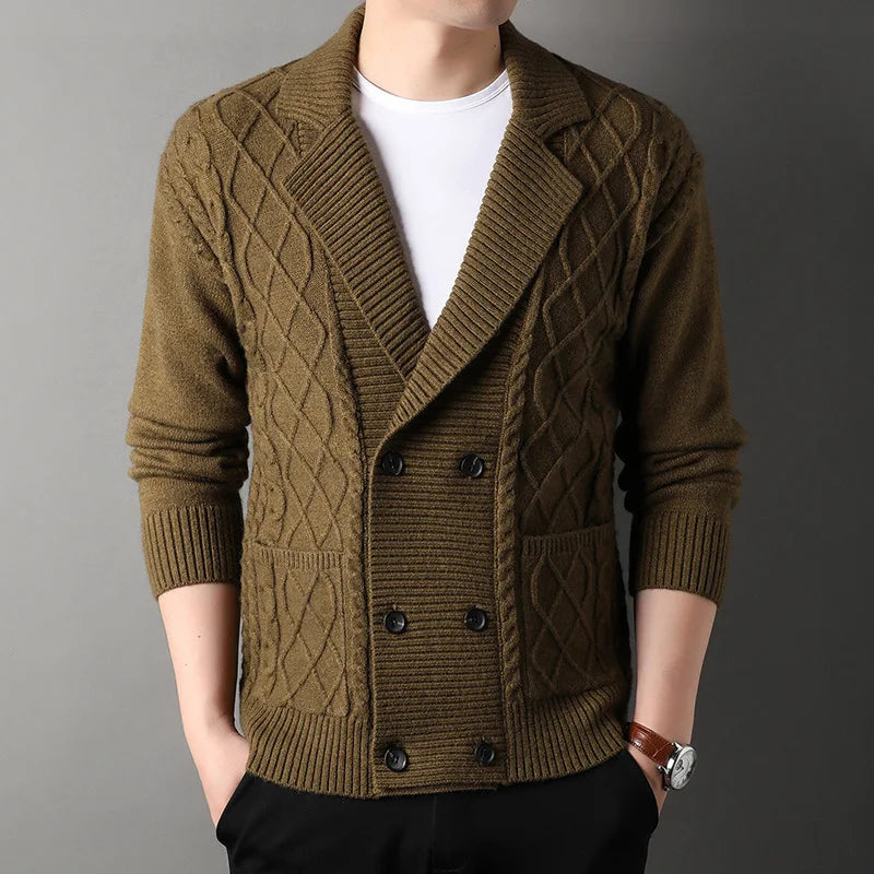 Men Thickened Suit Collar Sweater Youth Warm and Knitted Cardigan