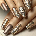 Retro Press On Nails Glossy False Nails With Golden Floral Accents For Women