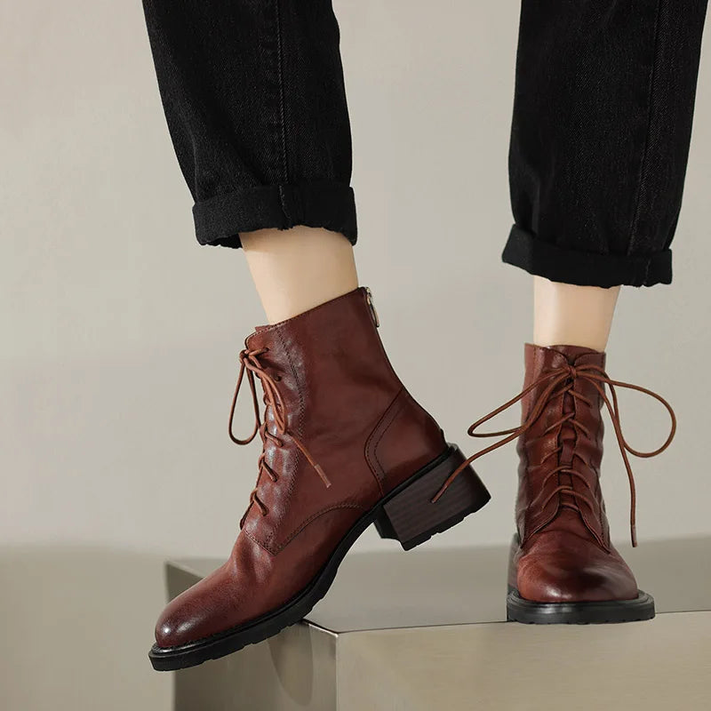 Genuine Leather Women short Boots Autumn Winter Round Toe Thick Heel Lace Up