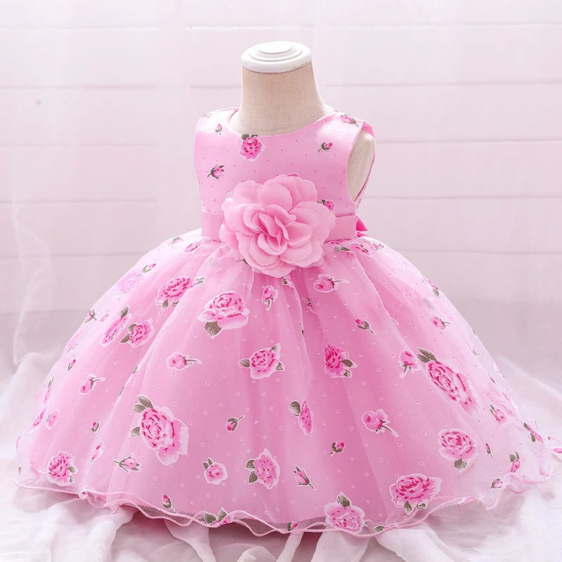 Baby Girl Birthday Party Gown Toddler Kids Pink White Princess Dress Child Lace Flower Baptism Clothes