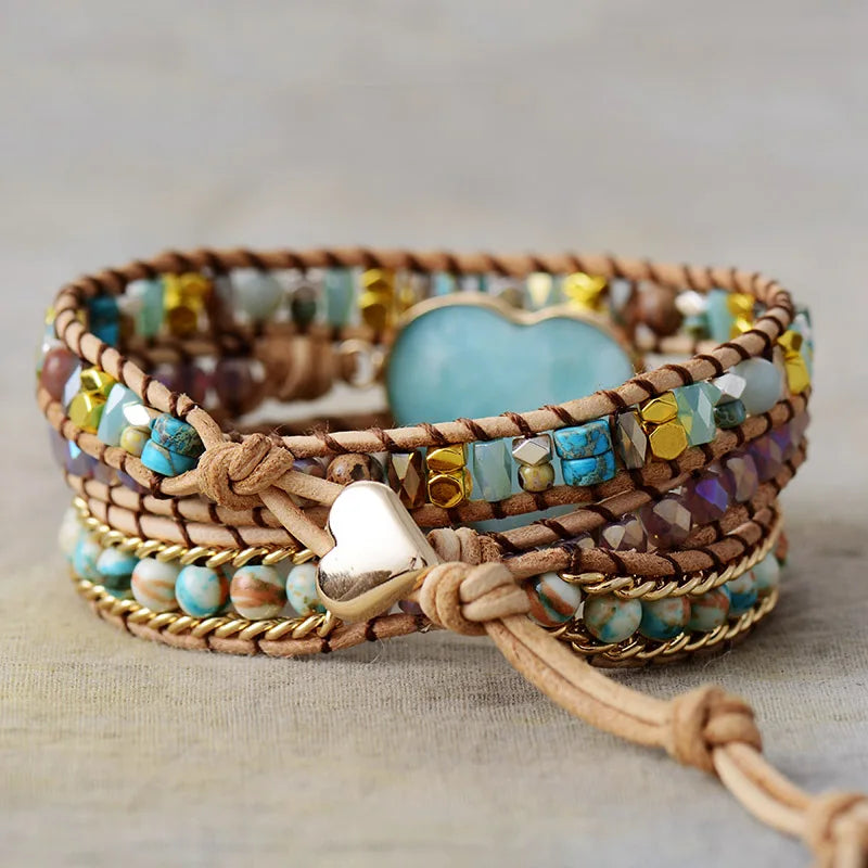 Stone Crystal Leather Wrap Bracelet Handmade Vintage Girls Anxiety Wristband Bangle Jewelry