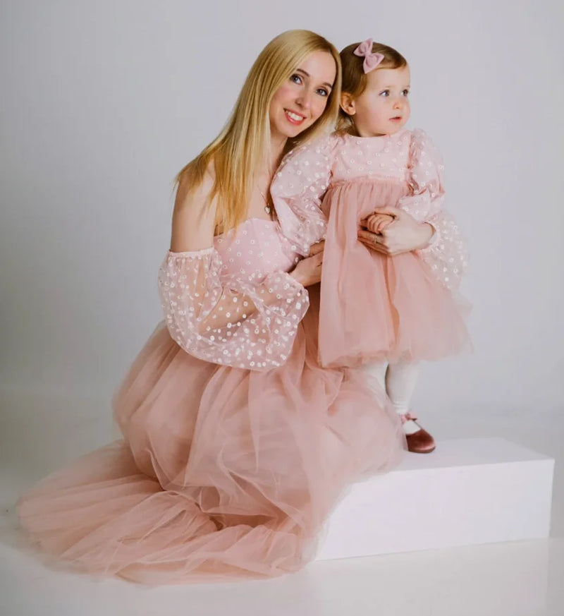 Mother and daughter matching dresses tulle family look floral mommy and girl outfit