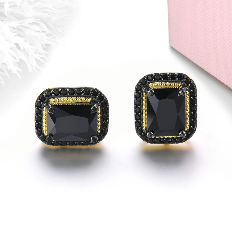 Natural Black Spinel Sterling Plated Stud Earring 5.8 Carats Genuine Gemstone Classic