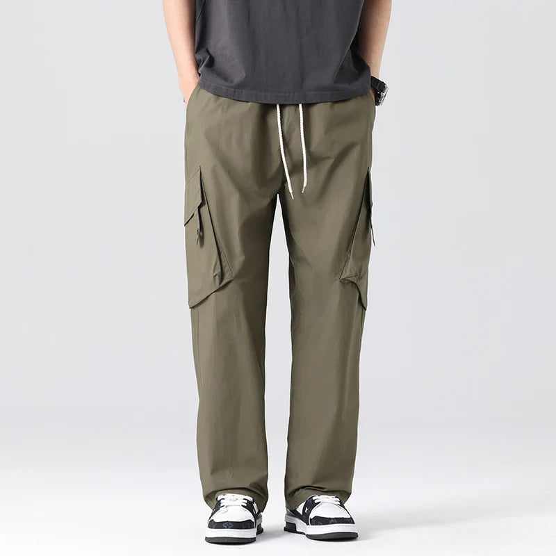 Men Cargo Pants Loose Casual Pants Straight Slanted Pocket Pants