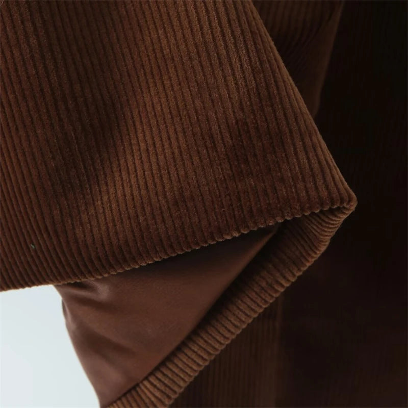 Winter Women Russet Corduroy Suit Coat Retro Single Breasted Flap Pockets Thick Straight Outerwear