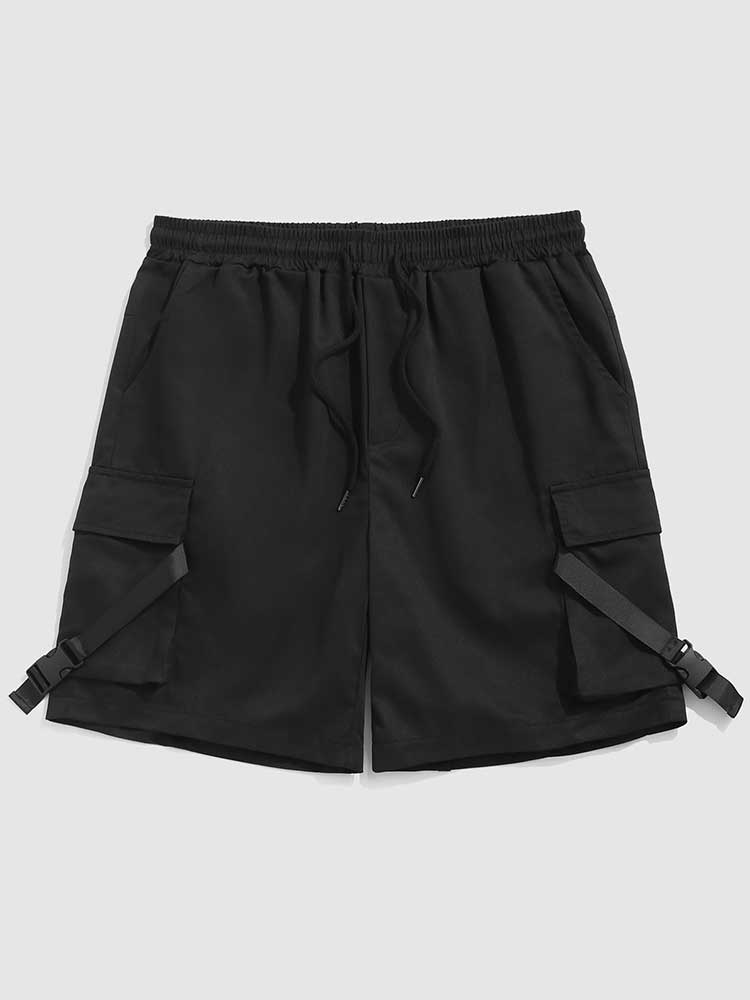 Men Solid Mid-waist Drawstring Shorts Buckle Strap Summer Streetwear Multi-pocket Cargo Shorts