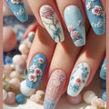 24pcs Nails Flower Design Stick on Fake Nail Fashion Square Blue Artificial Wearable Press on Nails Tips