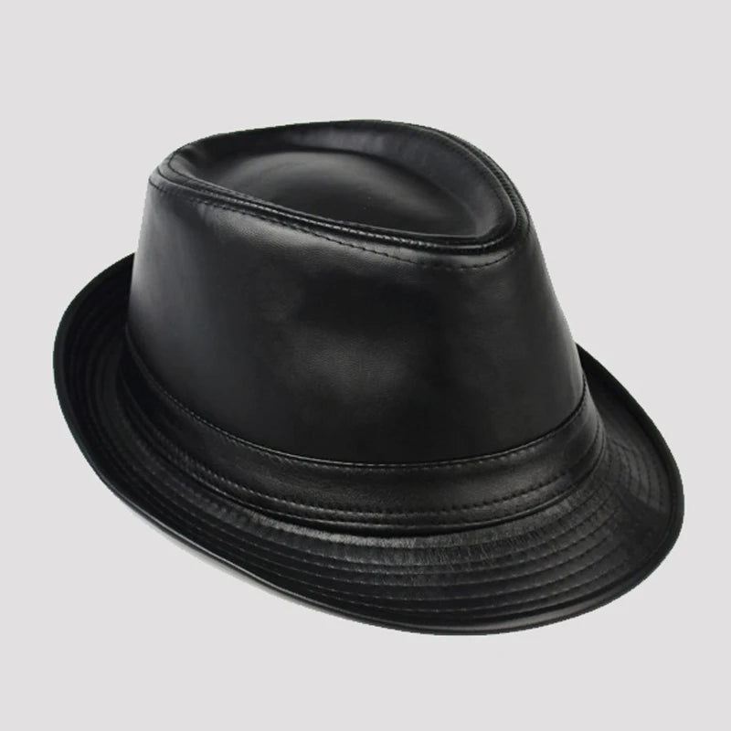 Man Genuine Leather Jazz Fedora Gentleman  Brim Fitted Top Hat