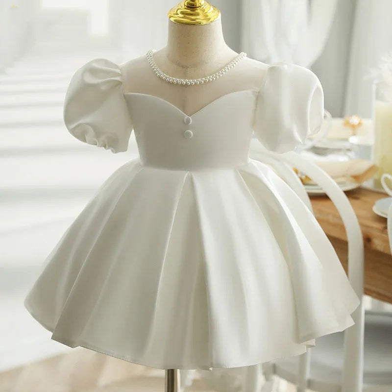 Baby Girl Princess Pearl Neck Dress Puff Sleeve Infant Toddler Child Frocks