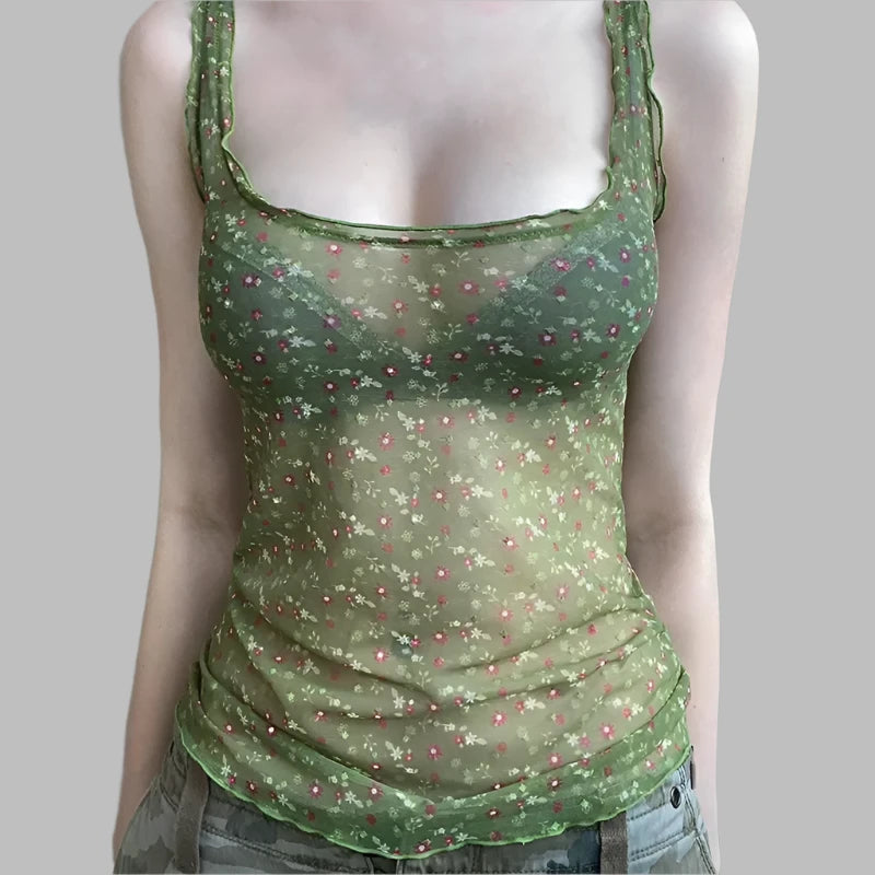 Floral mesh Tank Top Women Sleeveless Tops Camisole