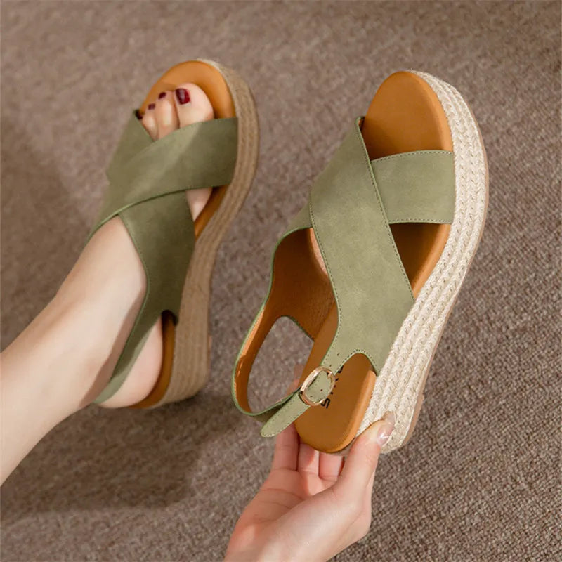 Women Summer Adjustable Buckle Strap Shoes Wedge High Heel Sandals Thick Sole Waterproof Knit