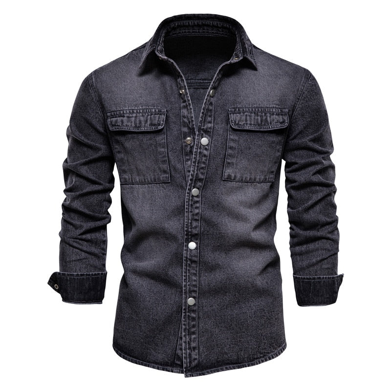 Spring and Autumn New Men Denim Shirt Casual Cotton Jacket Men Lapel Single-breasted Multi-pocket Long-sleeved Shirt