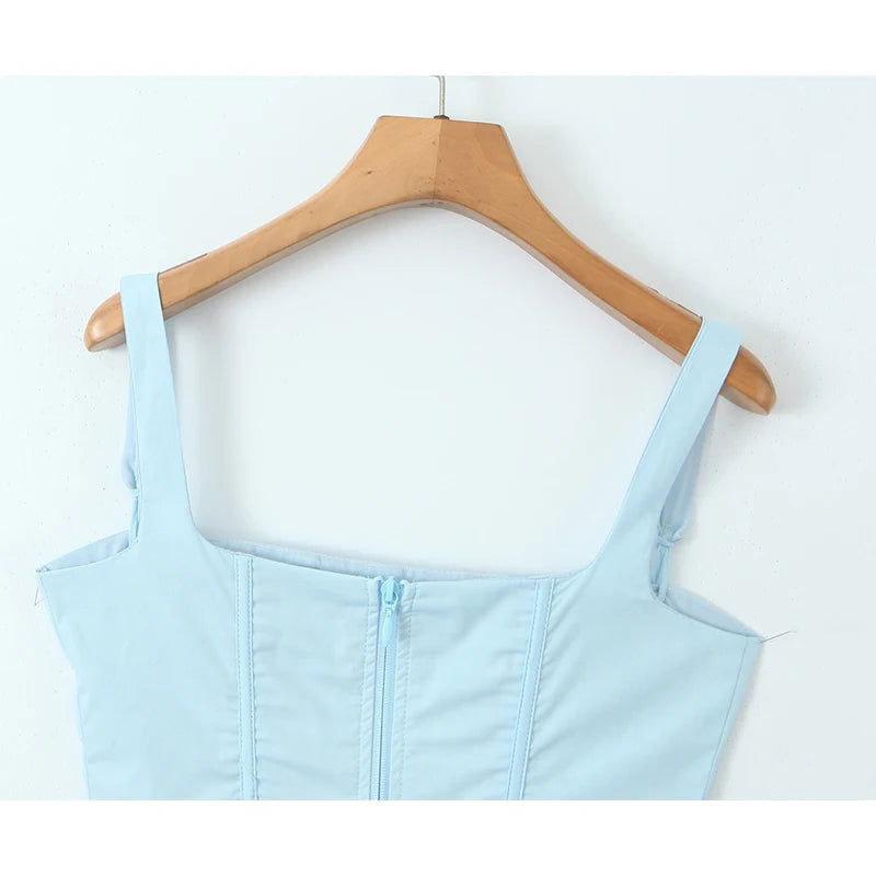 Women Blue Cotton Boning Corset Summer Party Chic Crop Top