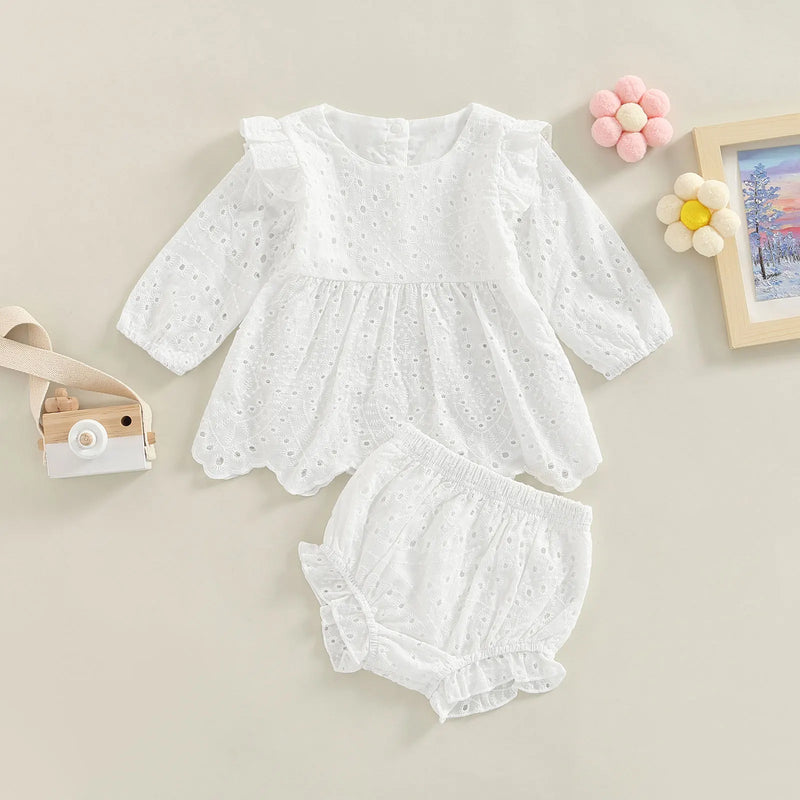 Toddler Baby Girl Clothes Set Solid Round Neck Long Sleeve T-shirt Tops and Elastic Casual Ruffle Shorts