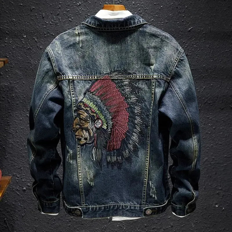 Men Denim Jacket Embroidery Ripped Casual Motorcycle Outwear Male Clothes