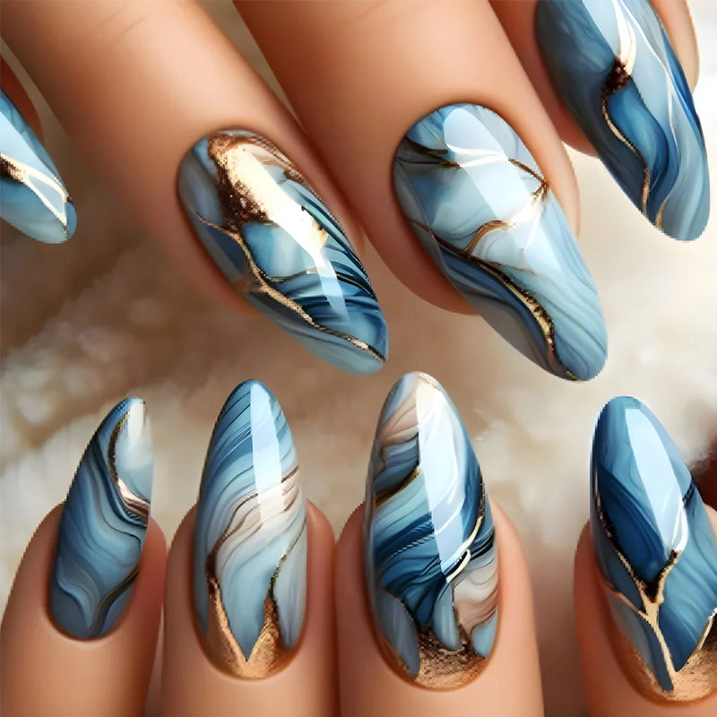 Glitter False Nails Gradient Blue Sea Flowing Sand Fake Nails for Women Wearable Detachable Ins Press on Nails