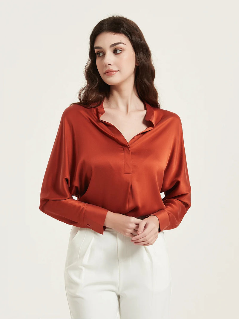 Women Silk Blouses Raglan Sleeves Chic Shirts Spring Summer Office Lady Top