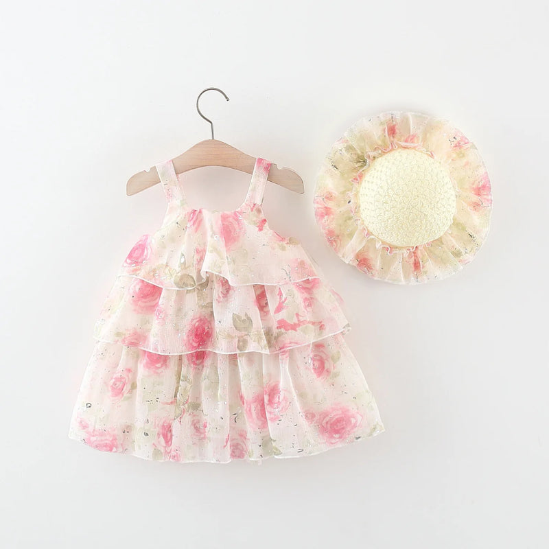 Summer Toddler Girl Clothes Flowers Mesh Baby Dresses Sunhat Princess Birthday Dress Set