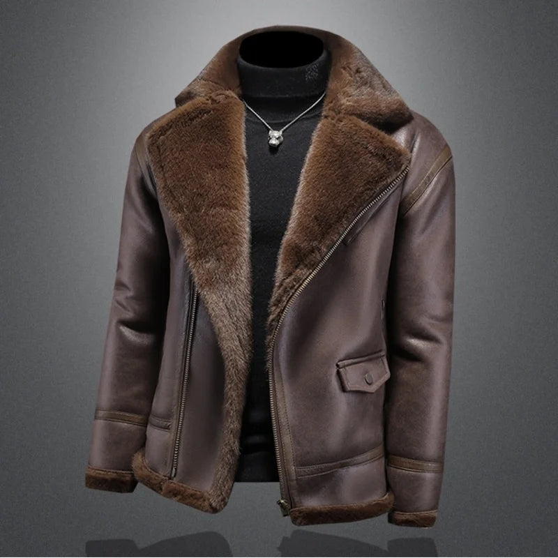 Men Leather Patchwork Fleece Jackets Winter Motorcycle Coats for Male