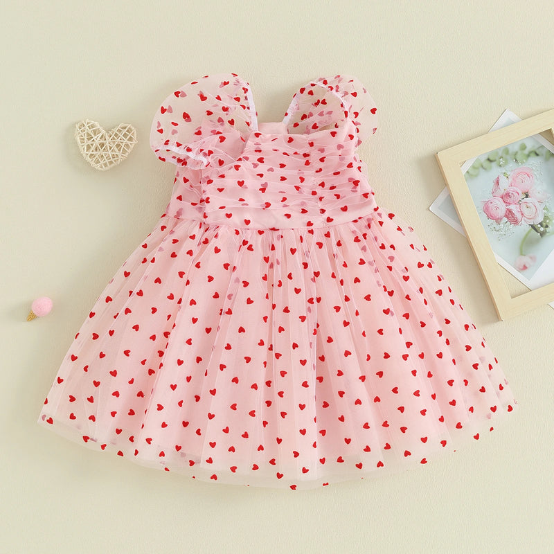 Summer Valentine’s Day Kids Baby Girls Dress Short Puff Sleeve Heart Tulle Dress Cute Princess Dress