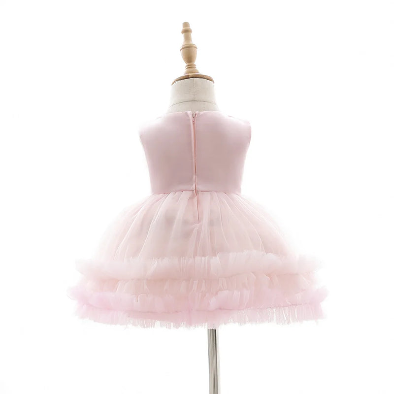 First Birthday Girl Party Ball Gown Pink Puffy Baby's Dress Ruched Toddler Girl Clothes